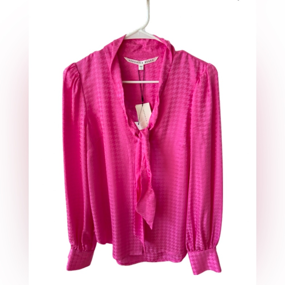 NWT Veronica Beard pink houndstooth silk pussybow blouse, sz 4